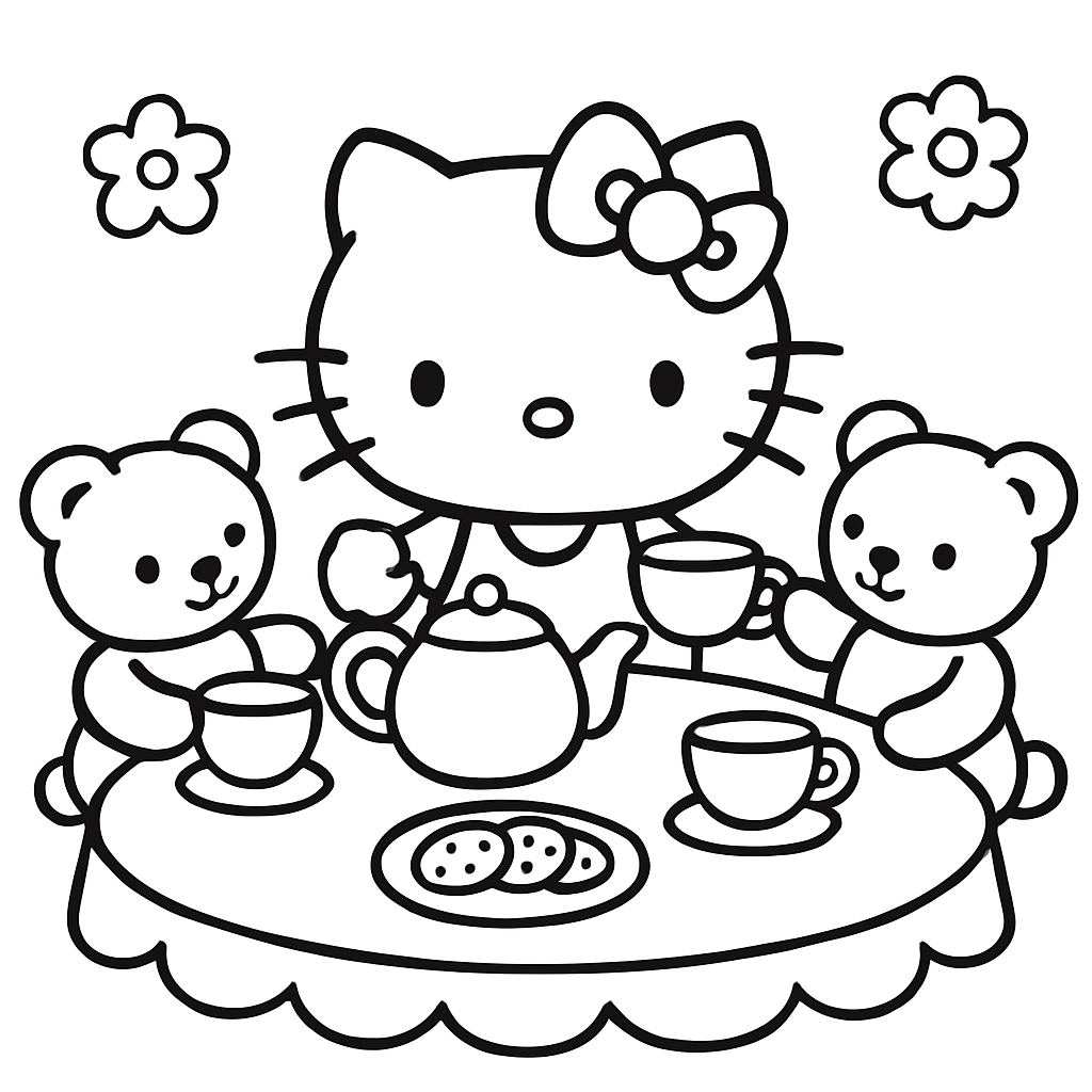 Hello Kitty having a tea party with teddy bears